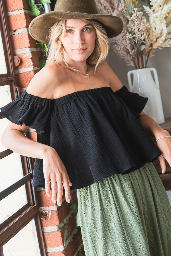 T1729 -Solid Ruffled Off Shoulder Crop Top