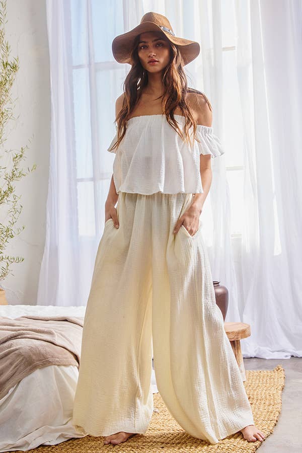 T1729 -Solid Ruffled Off Shoulder Crop Top