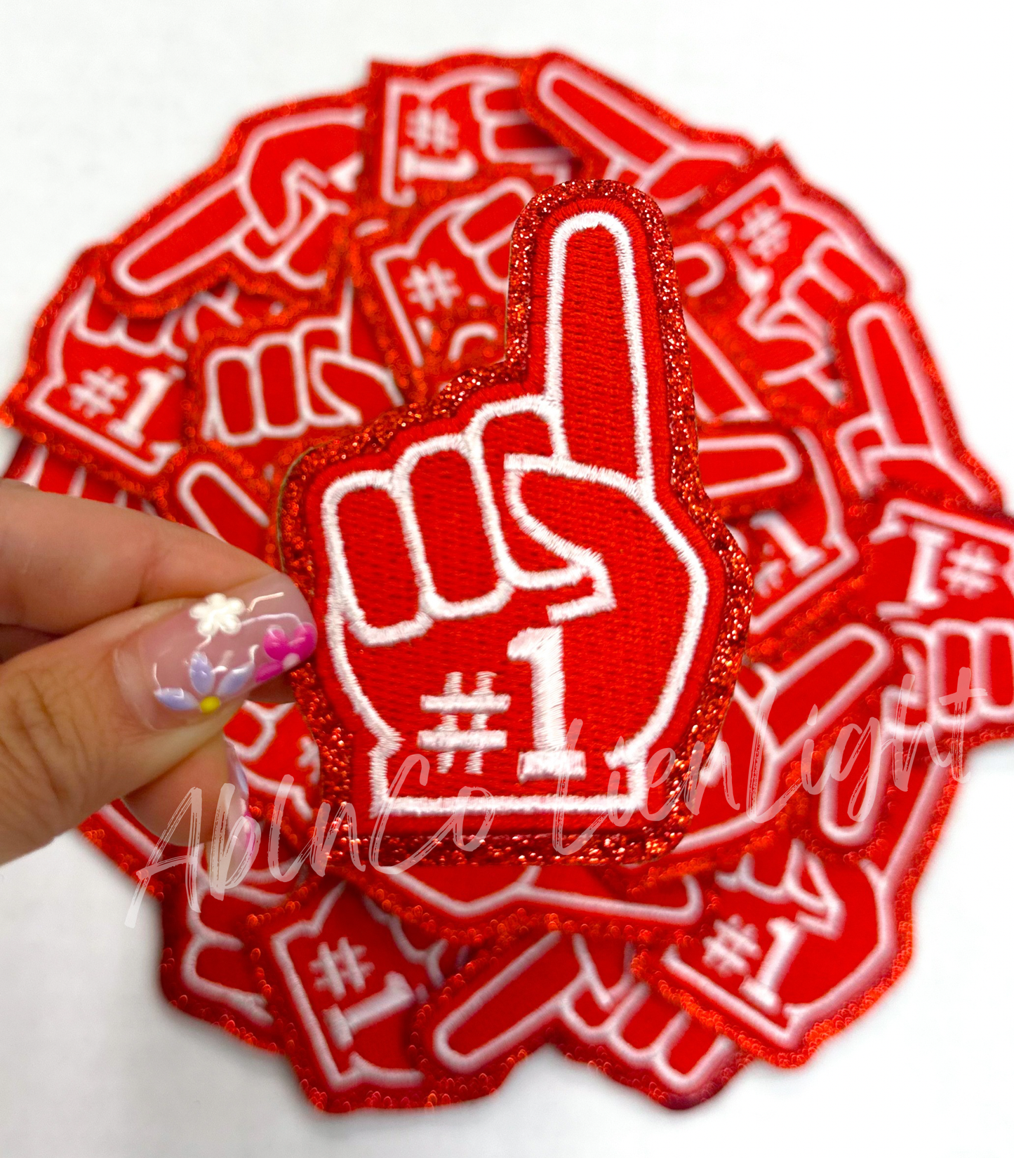 Red #1 foam finger game day trucker hat patch iron on