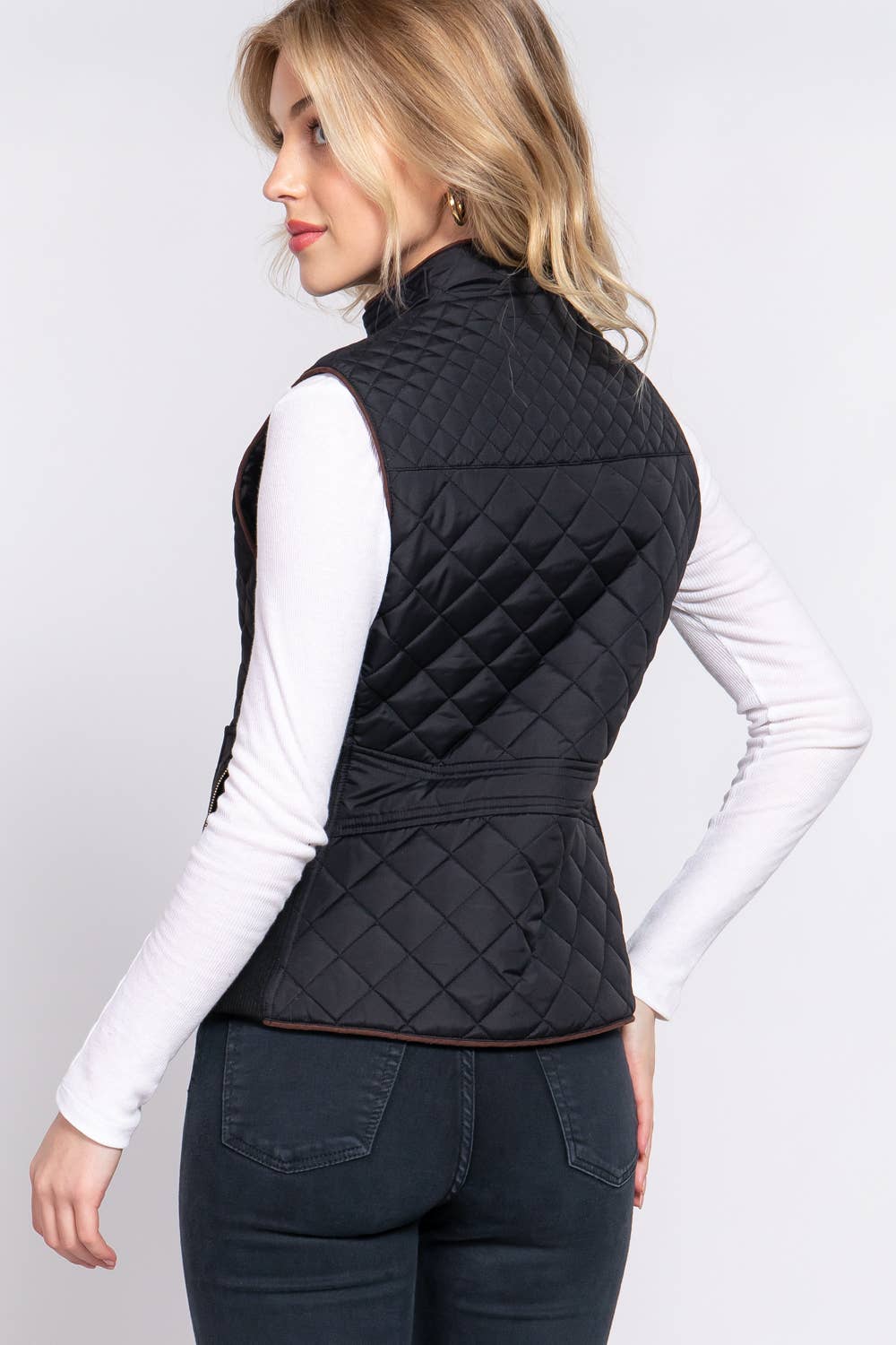 Suede Piping Detail Rib Quilted Padding Vest
