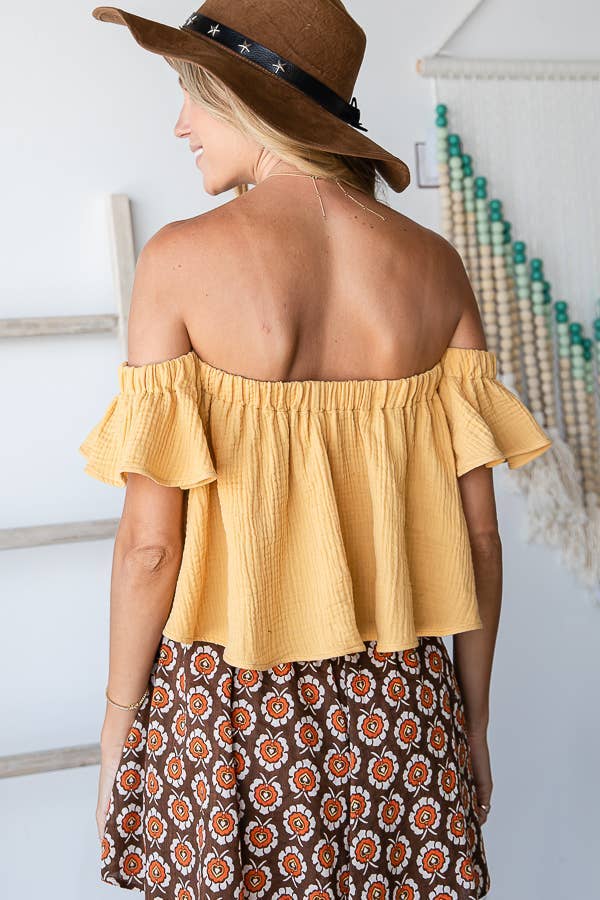 T1729 -Solid Ruffled Off Shoulder Crop Top