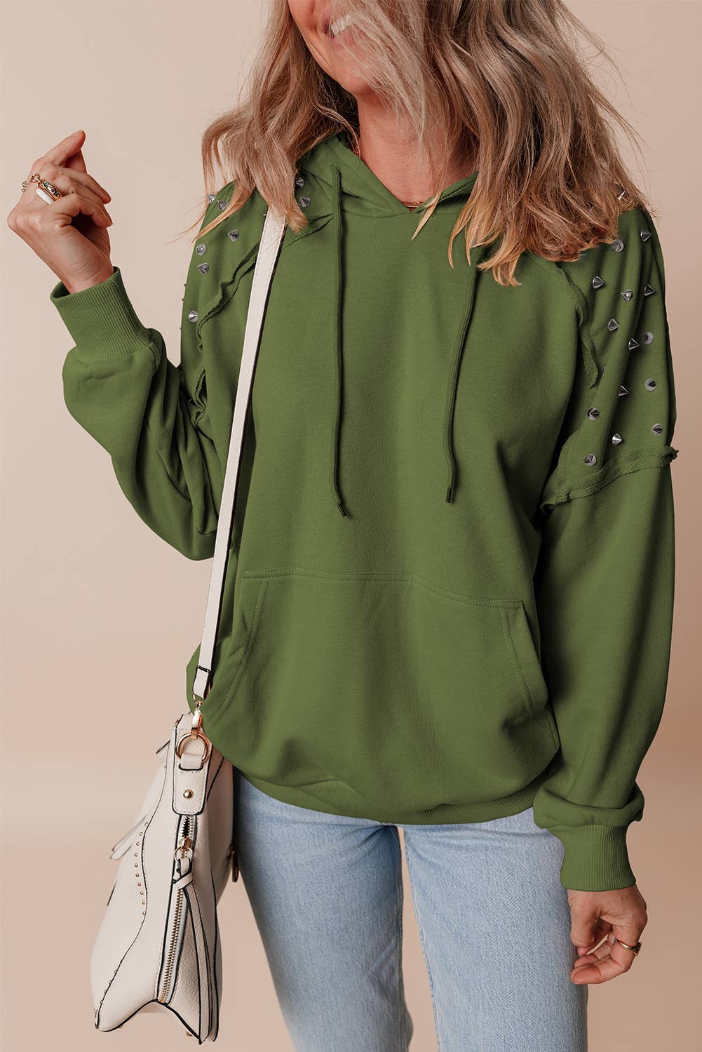 Rivet Stud Raglan Sleeve Hoodie with Pocket
