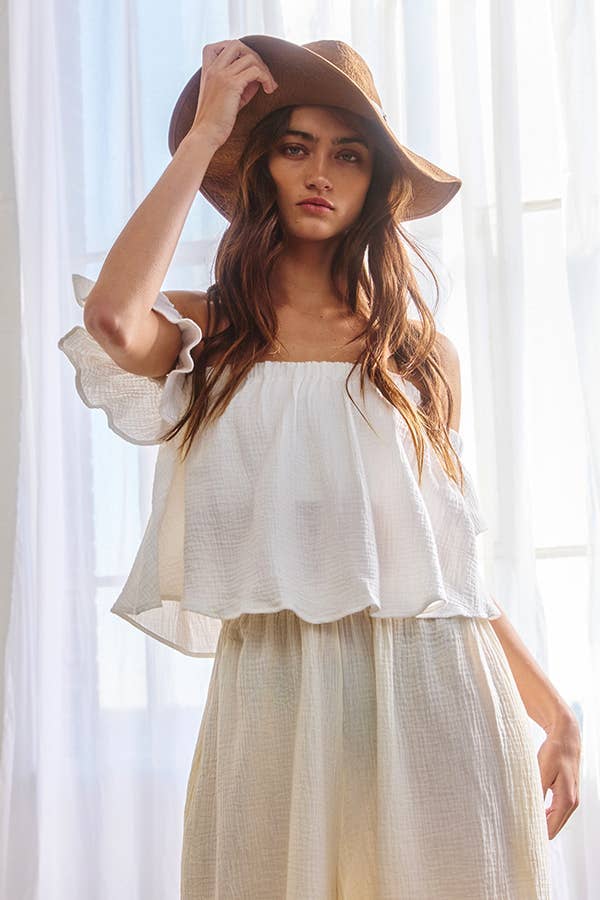 T1729 -Solid Ruffled Off Shoulder Crop Top