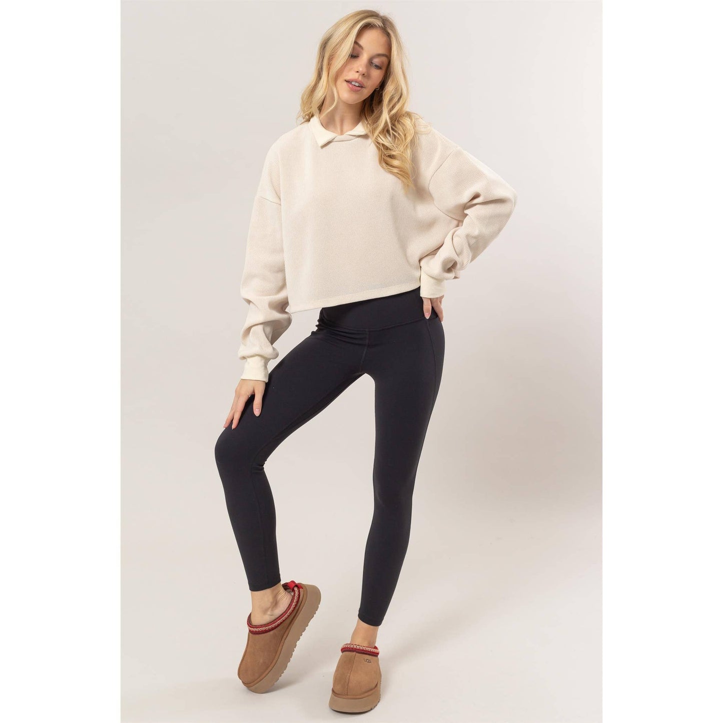 HF25C226-Collared Rib Knit Top