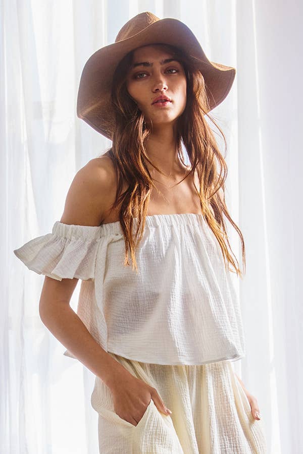 T1729 -Solid Ruffled Off Shoulder Crop Top
