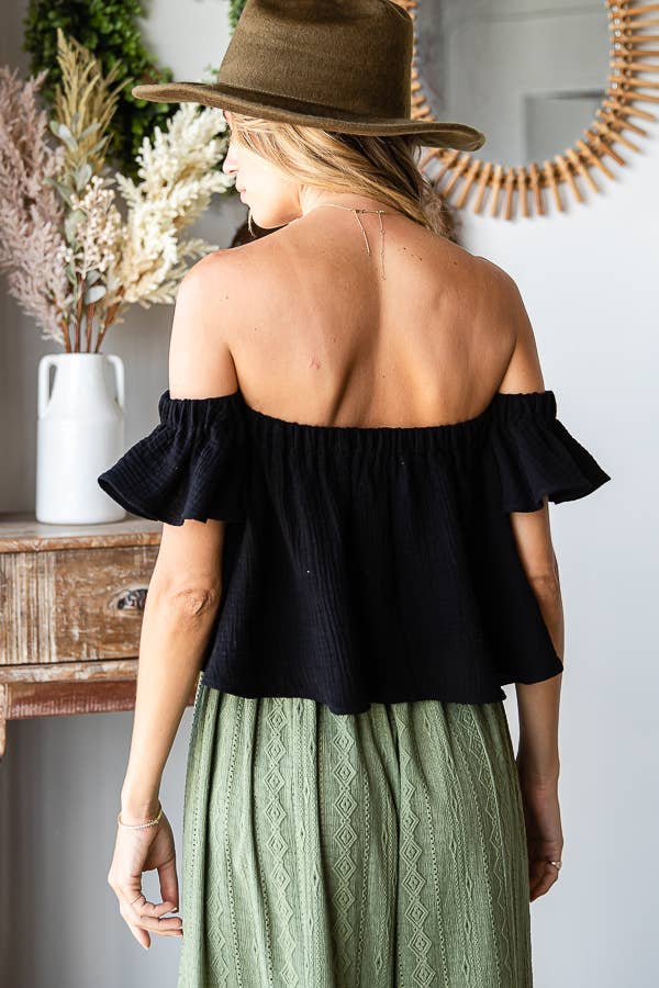 T1729 -Solid Ruffled Off Shoulder Crop Top
