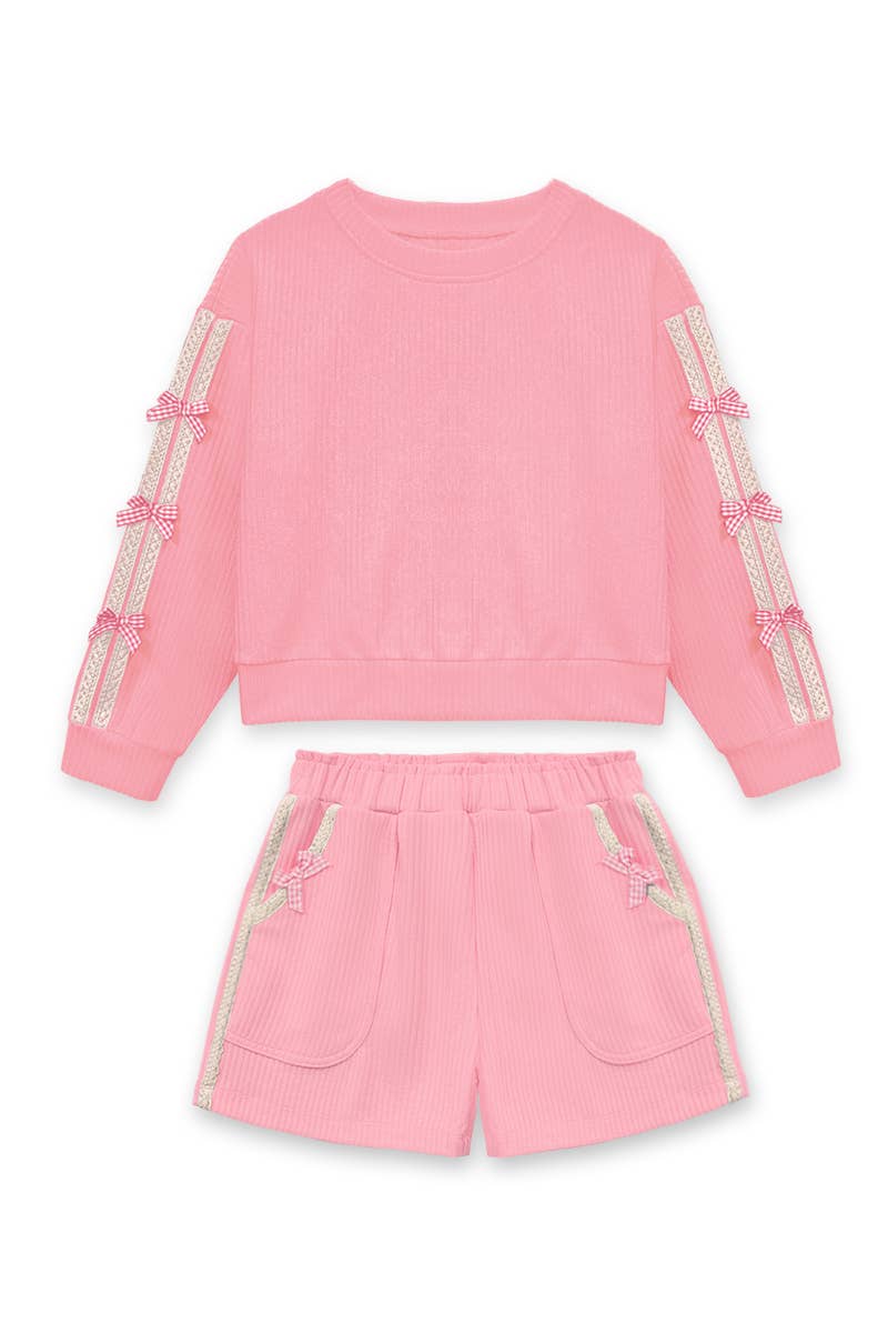 GKSS-Q26-38283B Girl's Knit Ribbed Pullover & Short Set
