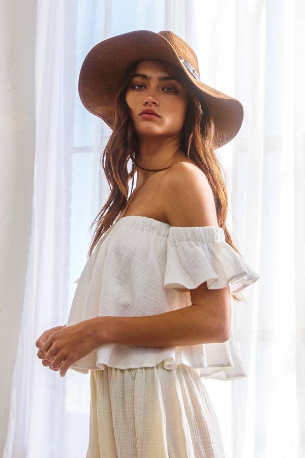 T1729 -Solid Ruffled Off Shoulder Crop Top