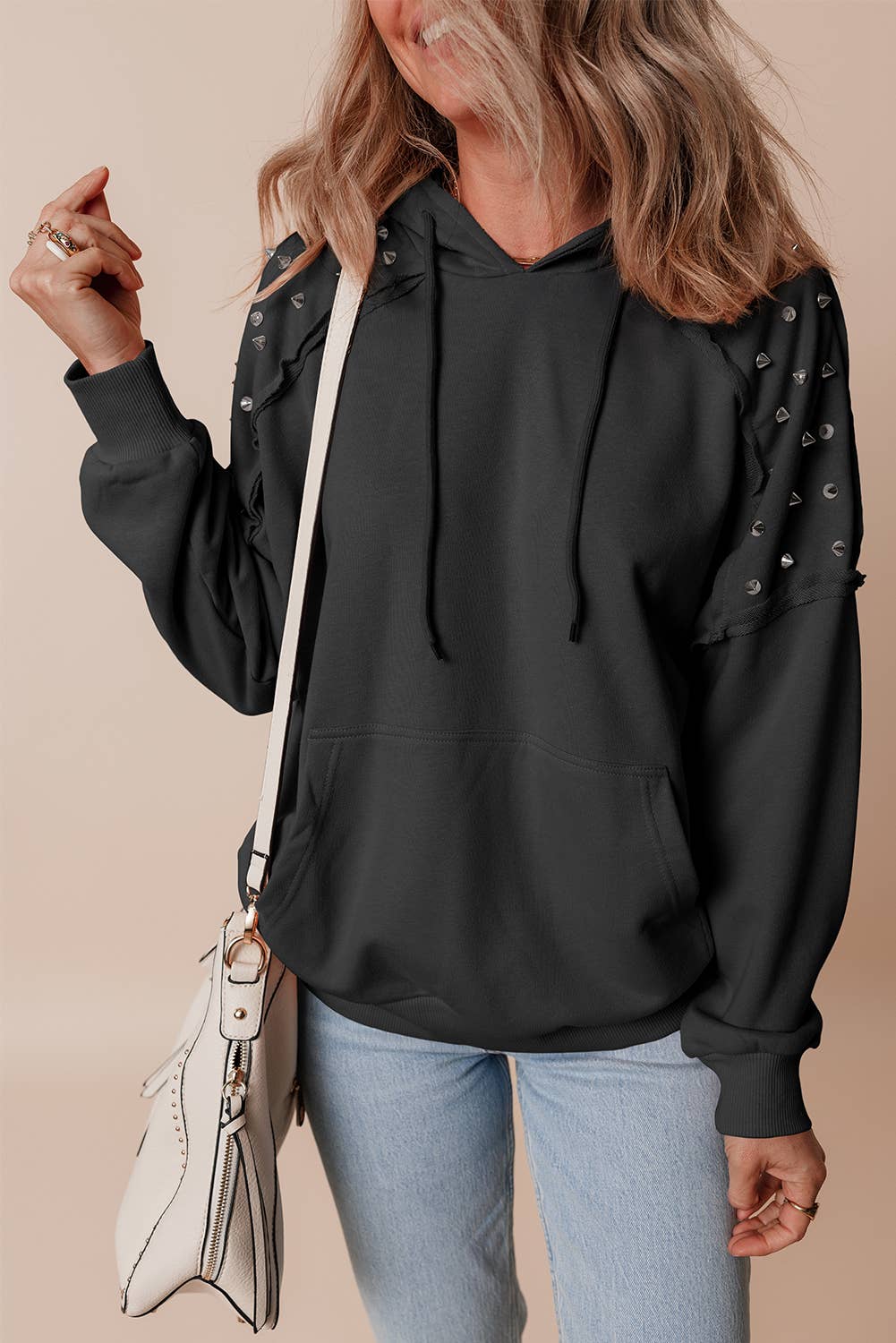 Rivet Stud Raglan Sleeve Hoodie with Pocket