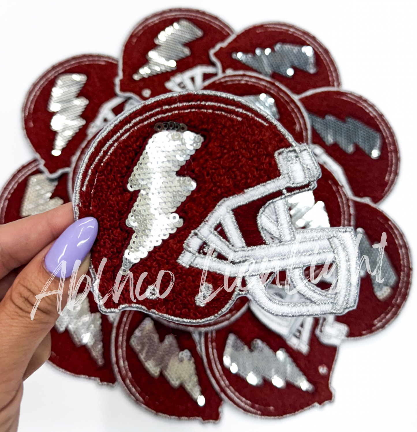 Maroon football helmet sequins bolt embroidery patch iron on