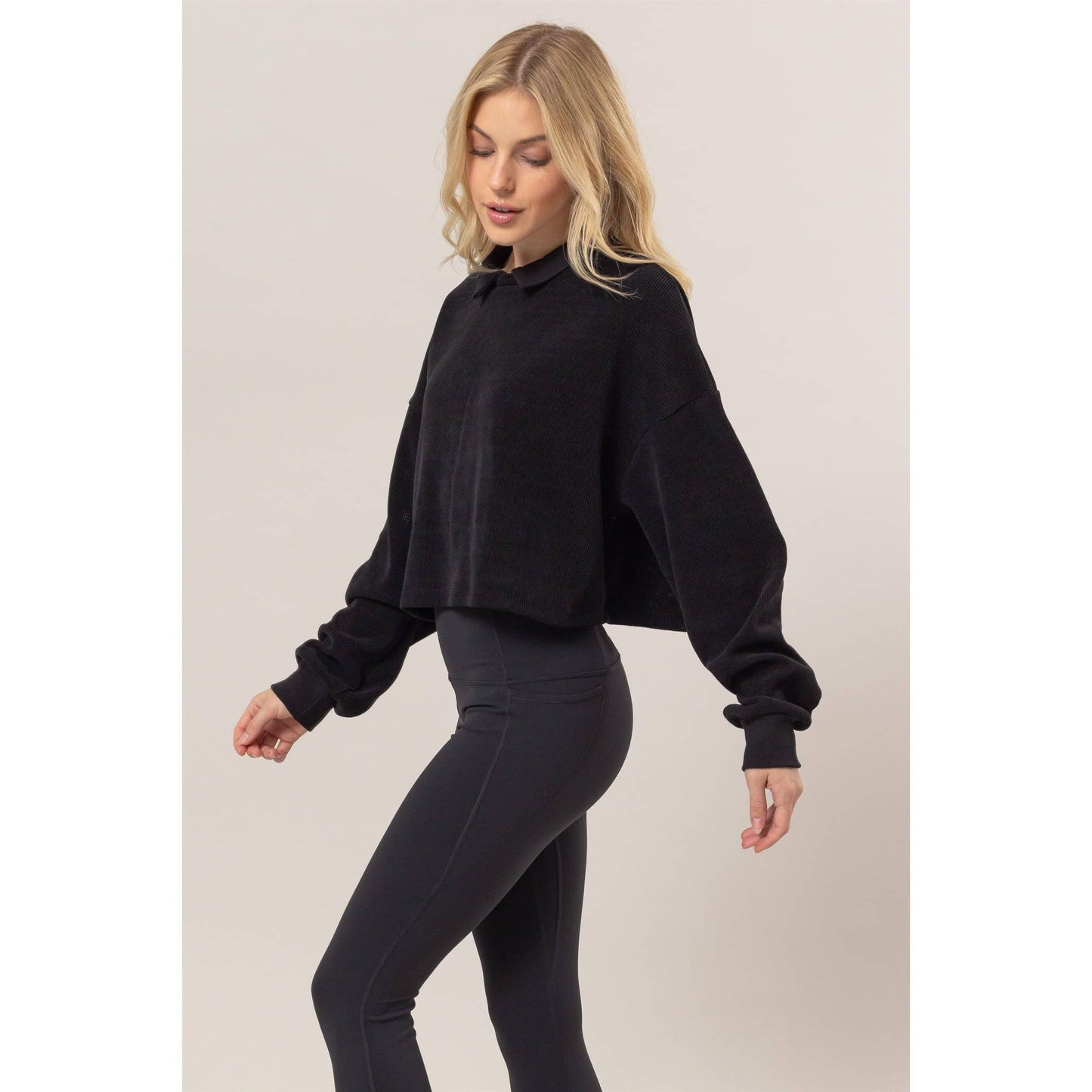 HF25C226-Collared Rib Knit Top
