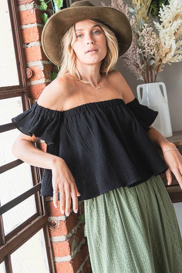 T1729 -Solid Ruffled Off Shoulder Crop Top