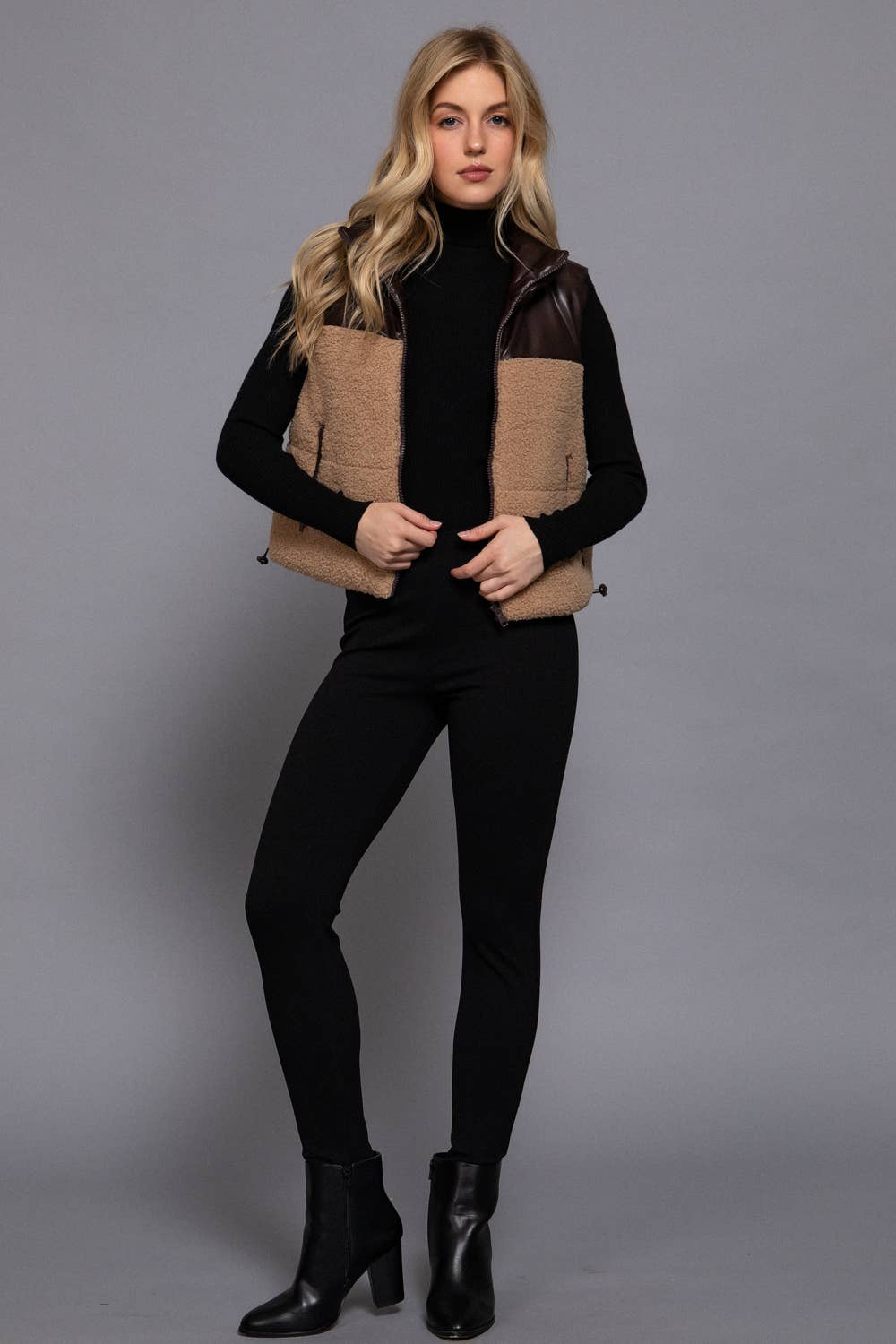 Reversible Faux Leather-Sherpa Contrast Padding Crop Vest