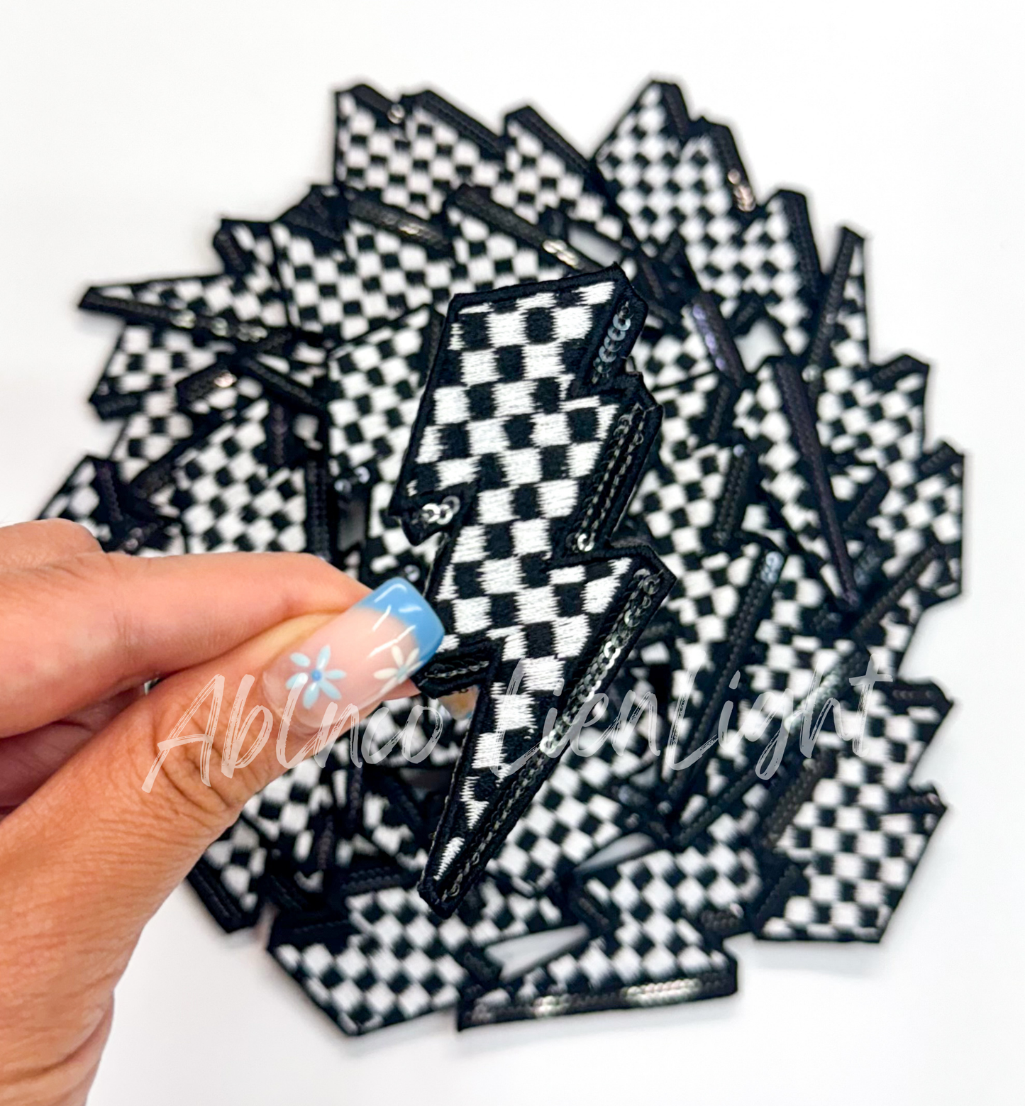 Black sequins checkered lightning bolt filler patch iron on