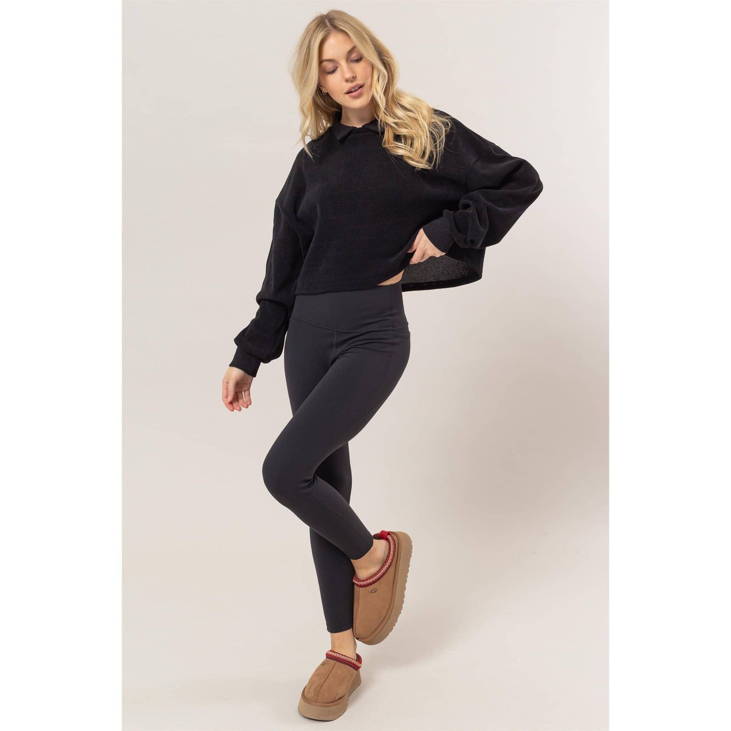 HF25C226-Collared Rib Knit Top
