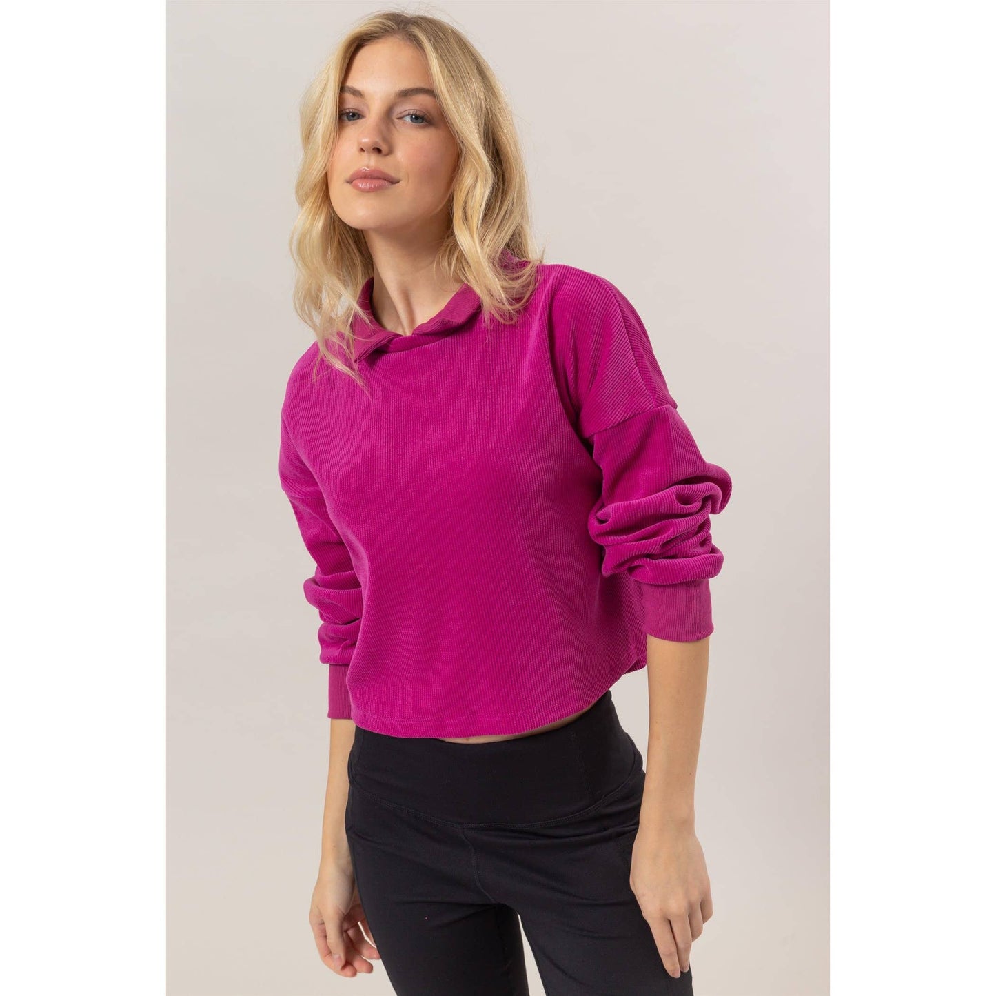 HF25C226-Collared Rib Knit Top