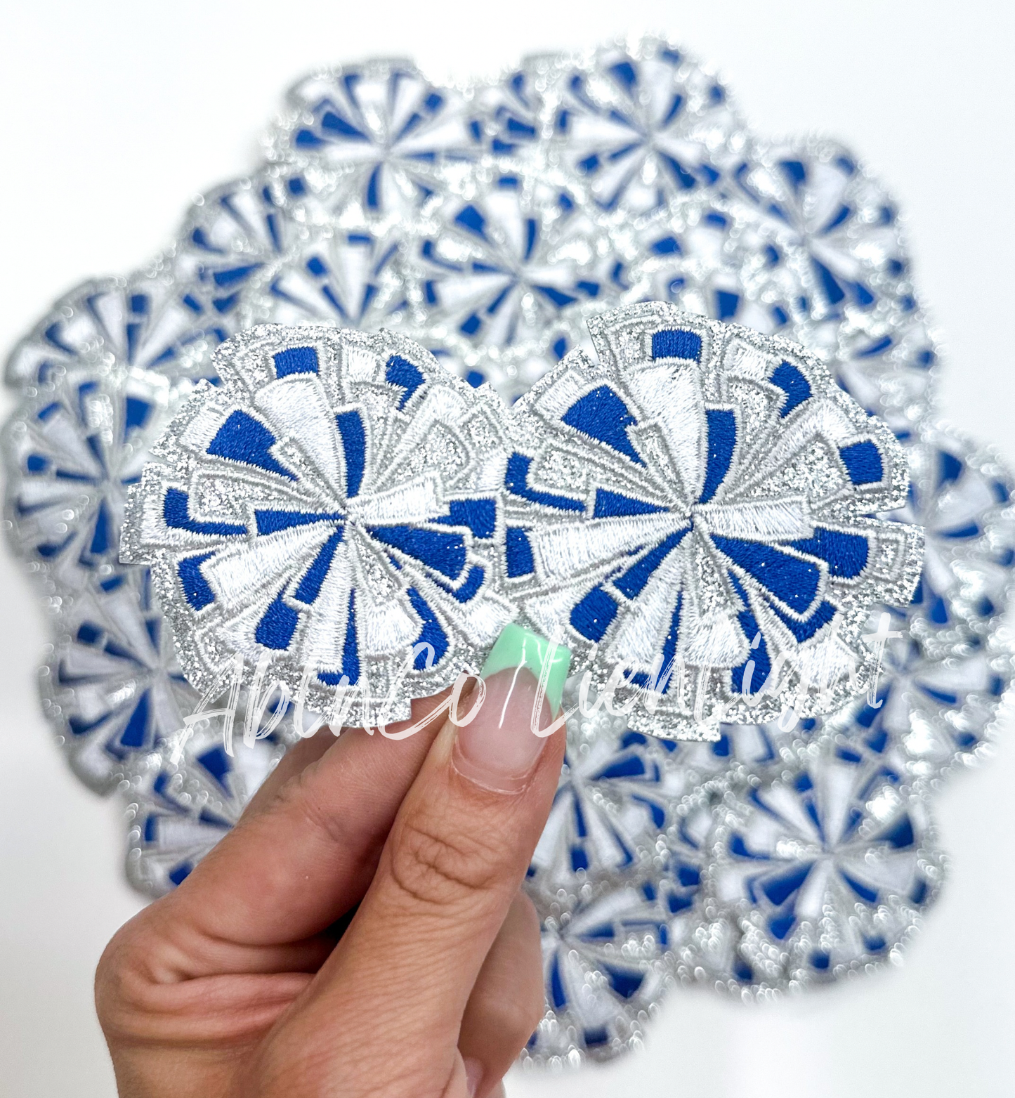Royal blue cheer glitter pom poms trucker hat patch iron on