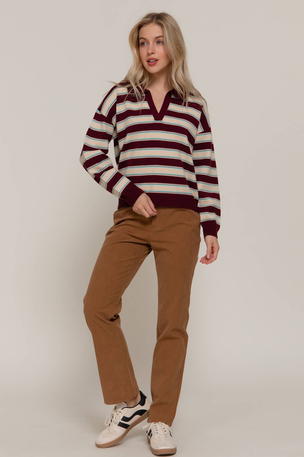 Long Sleeve Multi Stripe Polo Sweater