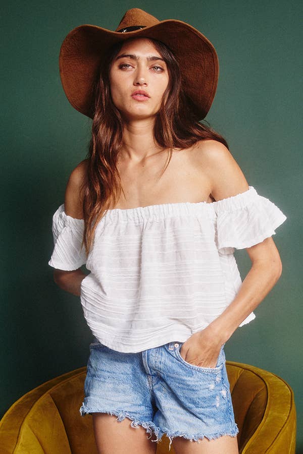 T1729 -Solid Ruffled Off Shoulder Crop Top