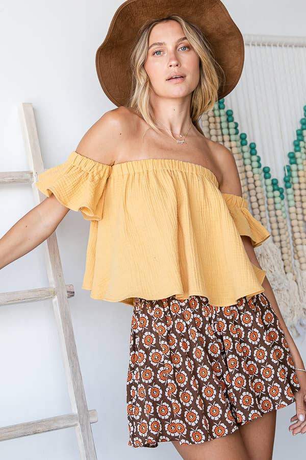 T1729 -Solid Ruffled Off Shoulder Crop Top