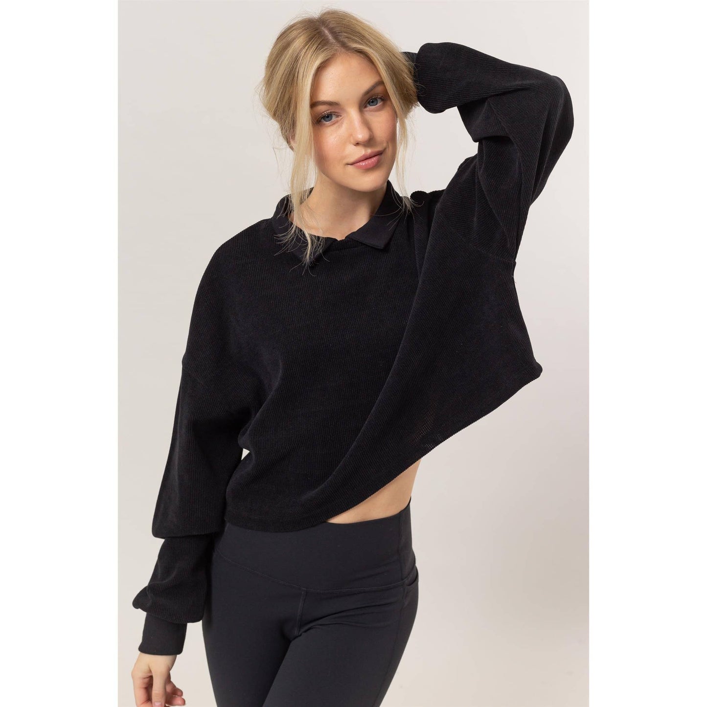HF25C226-Collared Rib Knit Top