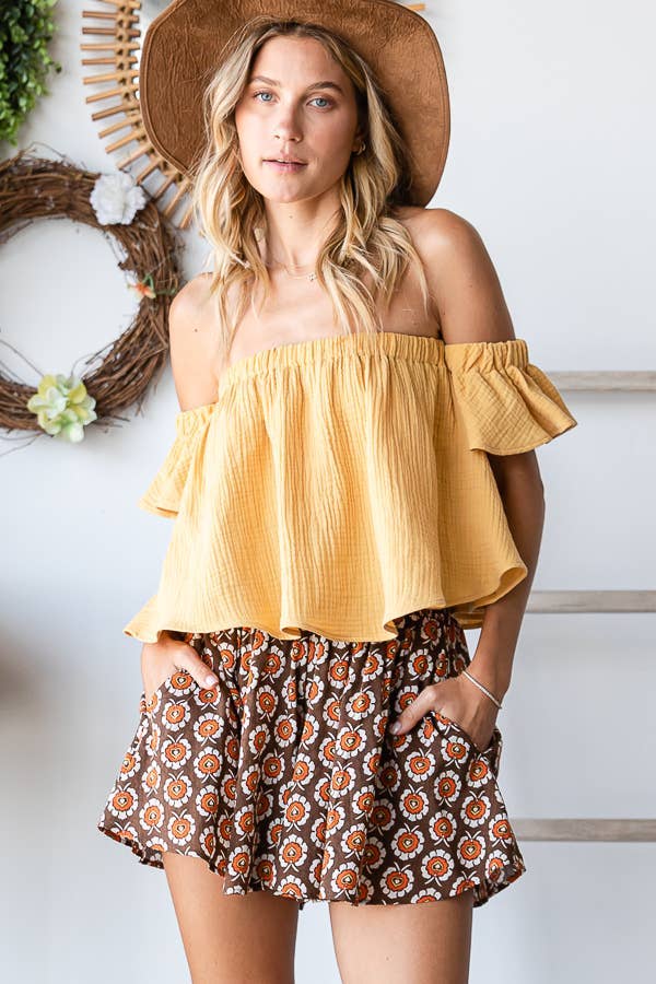 T1729 -Solid Ruffled Off Shoulder Crop Top