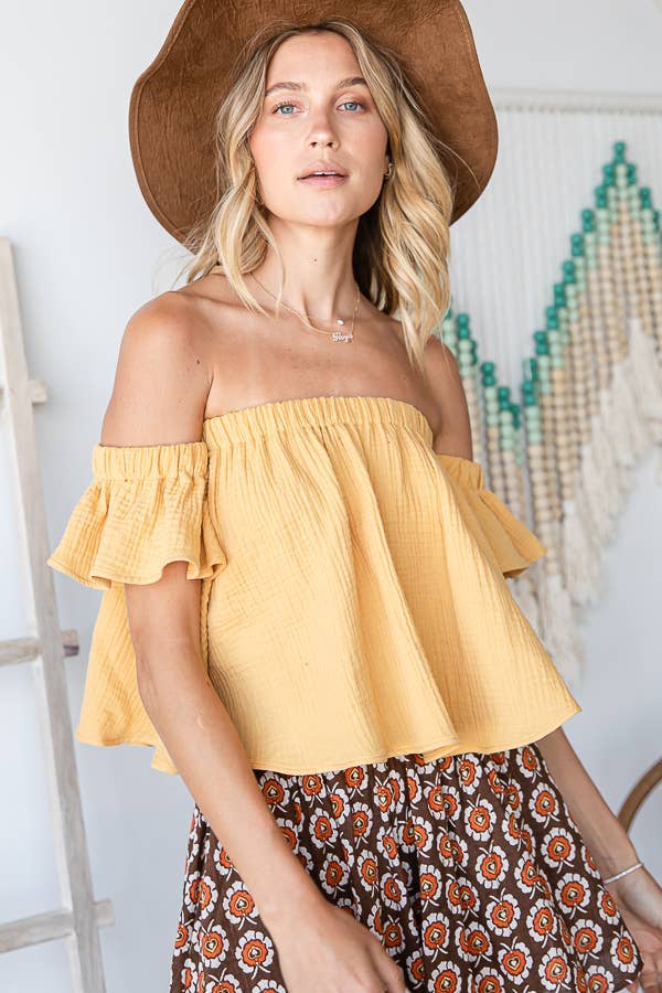 T1729 -Solid Ruffled Off Shoulder Crop Top
