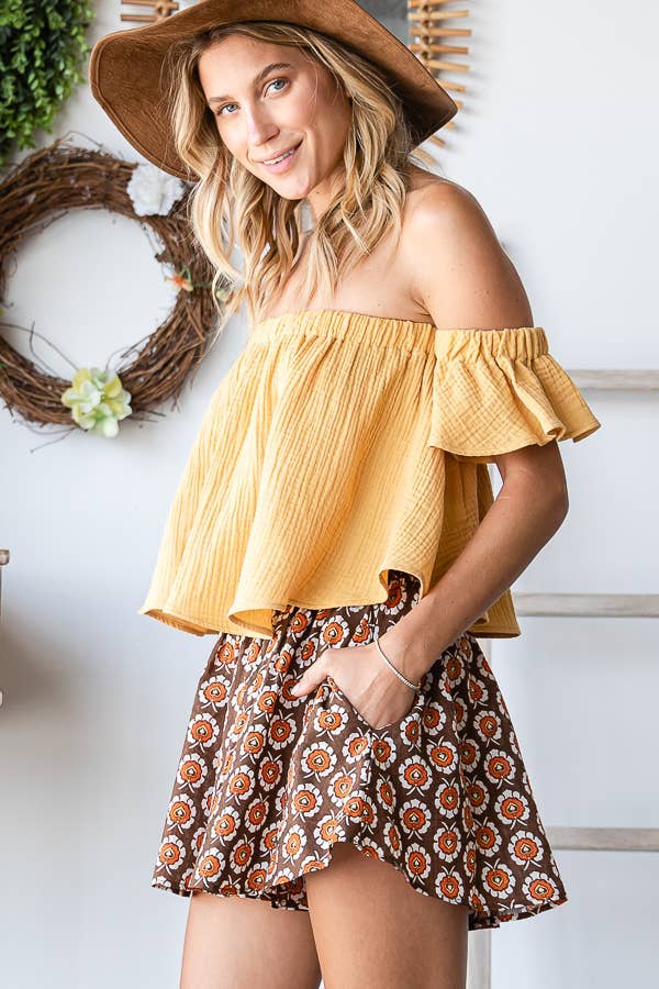 T1729 -Solid Ruffled Off Shoulder Crop Top