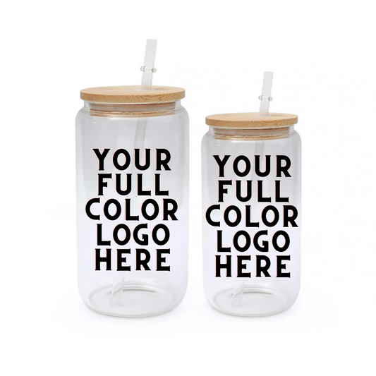 Glass Can with Lid and Straw - Logo