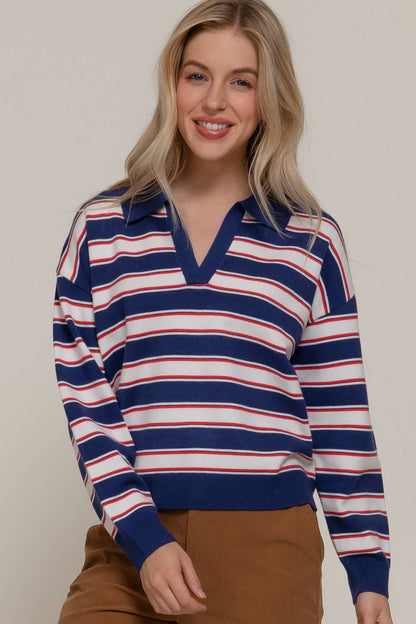 Long Sleeve Multi Stripe Polo Sweater
