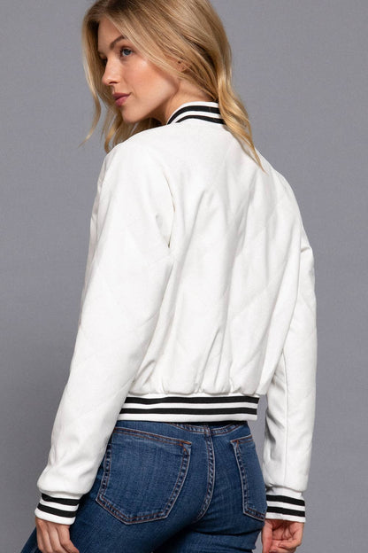Long Sleeve Quilted PU Faux Leather Bomber Jacket