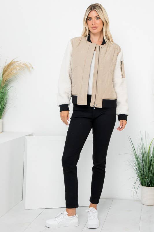 Onion Quilted Bomber With Sherpa Sleeves