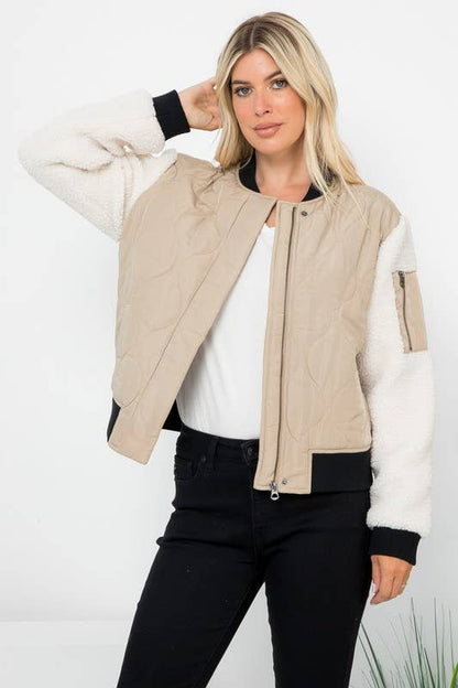 Onion Quilted Bomber With Sherpa Sleeves