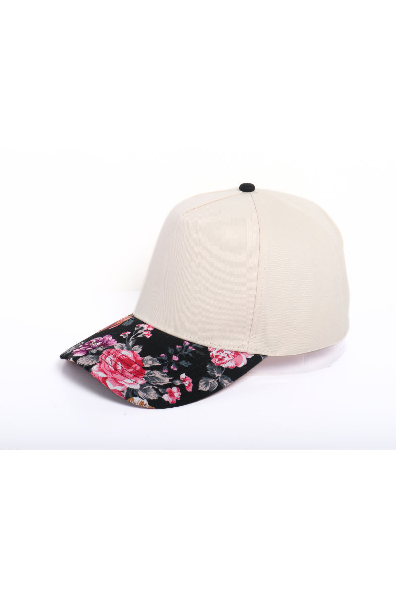 Floral Print Brim 5 Panel Two Tone Baseball Cap