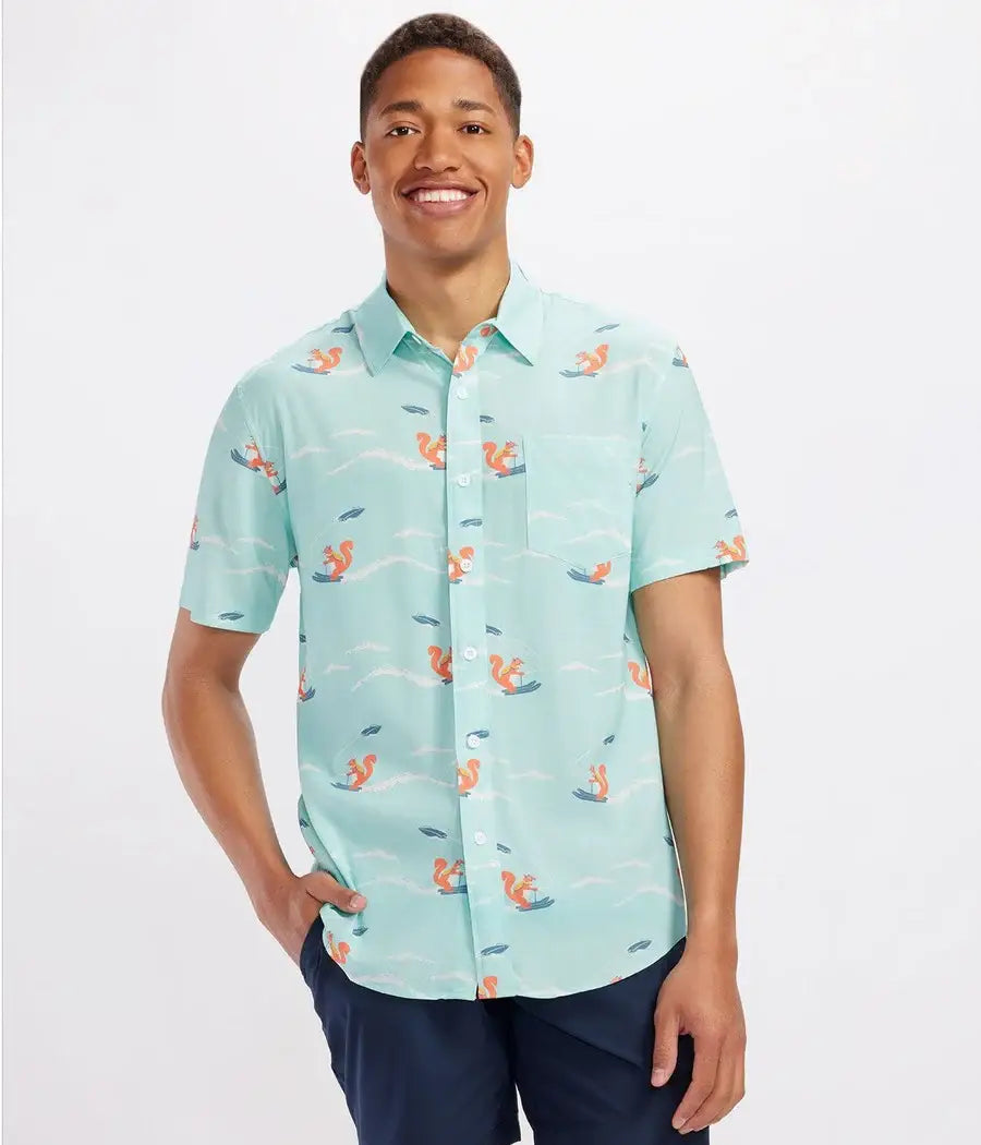 Squirrel On Water Skis Men's Fun Button Down Hawaiian Shirt