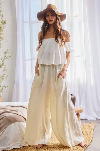 T1729 -Solid Ruffled Off Shoulder Crop Top