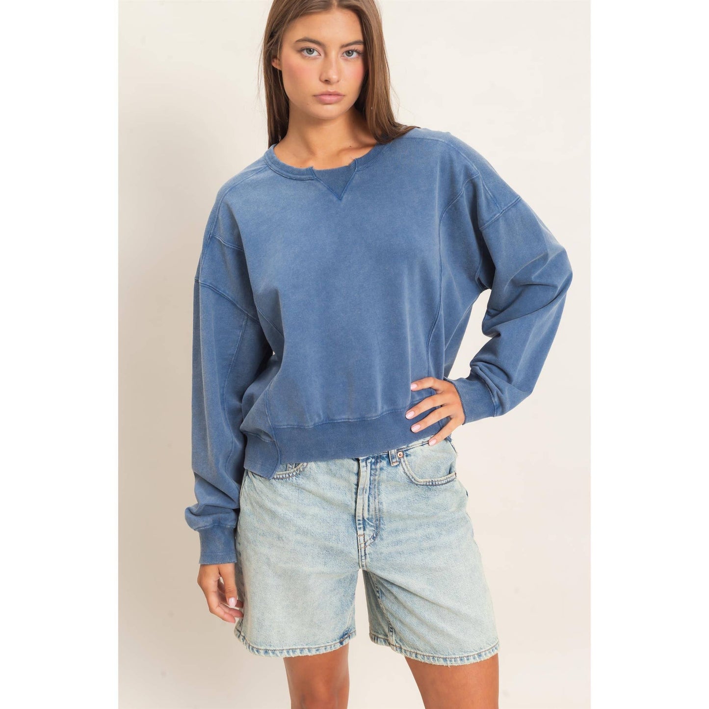 Acid Wash Seam Detail Crew Neck Sweatshirt