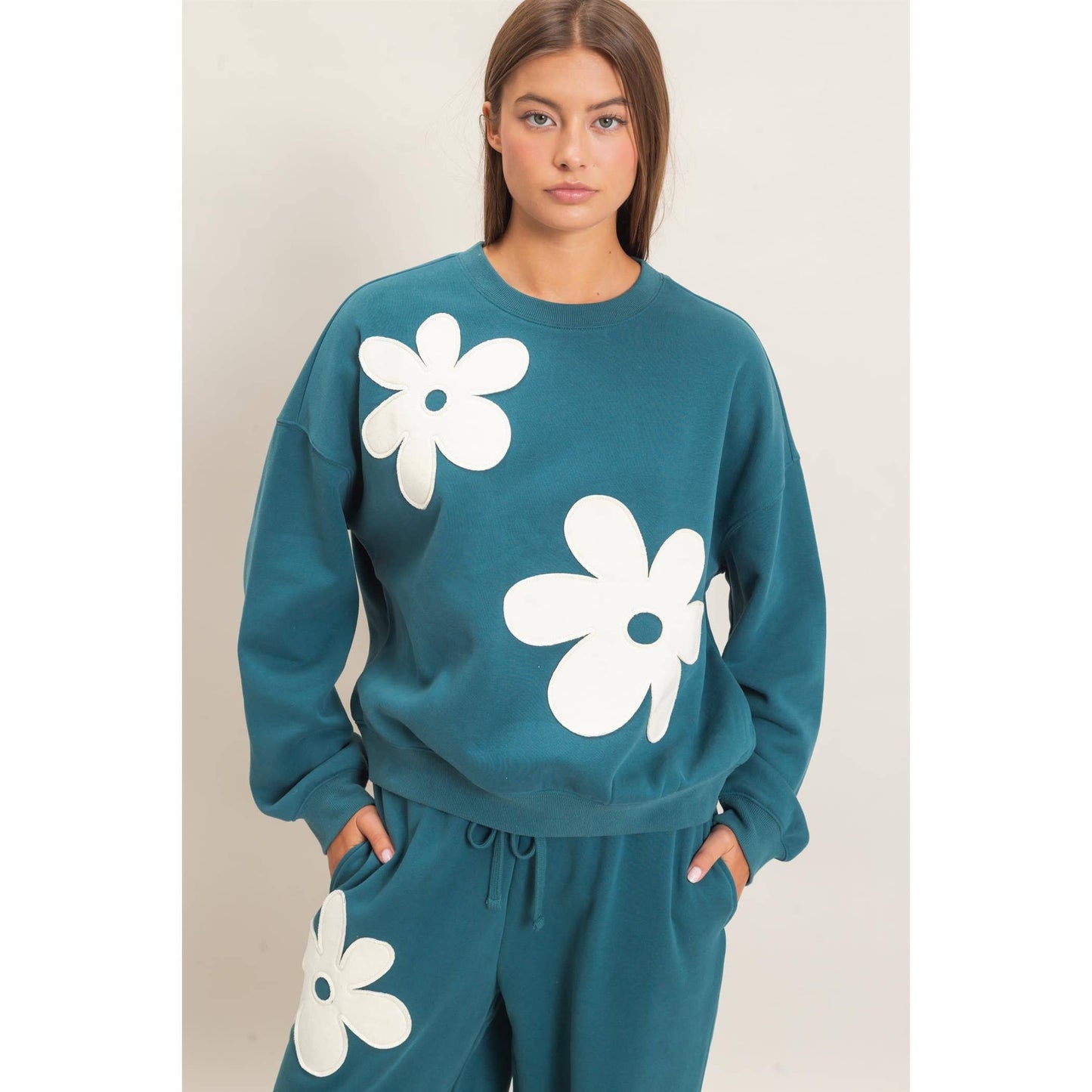 Floral Applique Crew Neck Sweatshirt