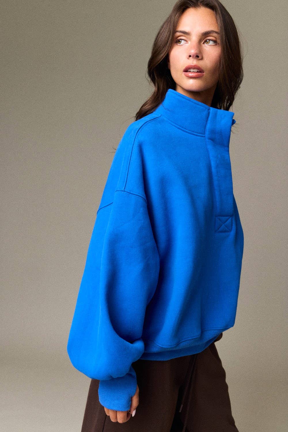 PT18729 - High Collar Half Button-Up Relaxed Fit Pullover
