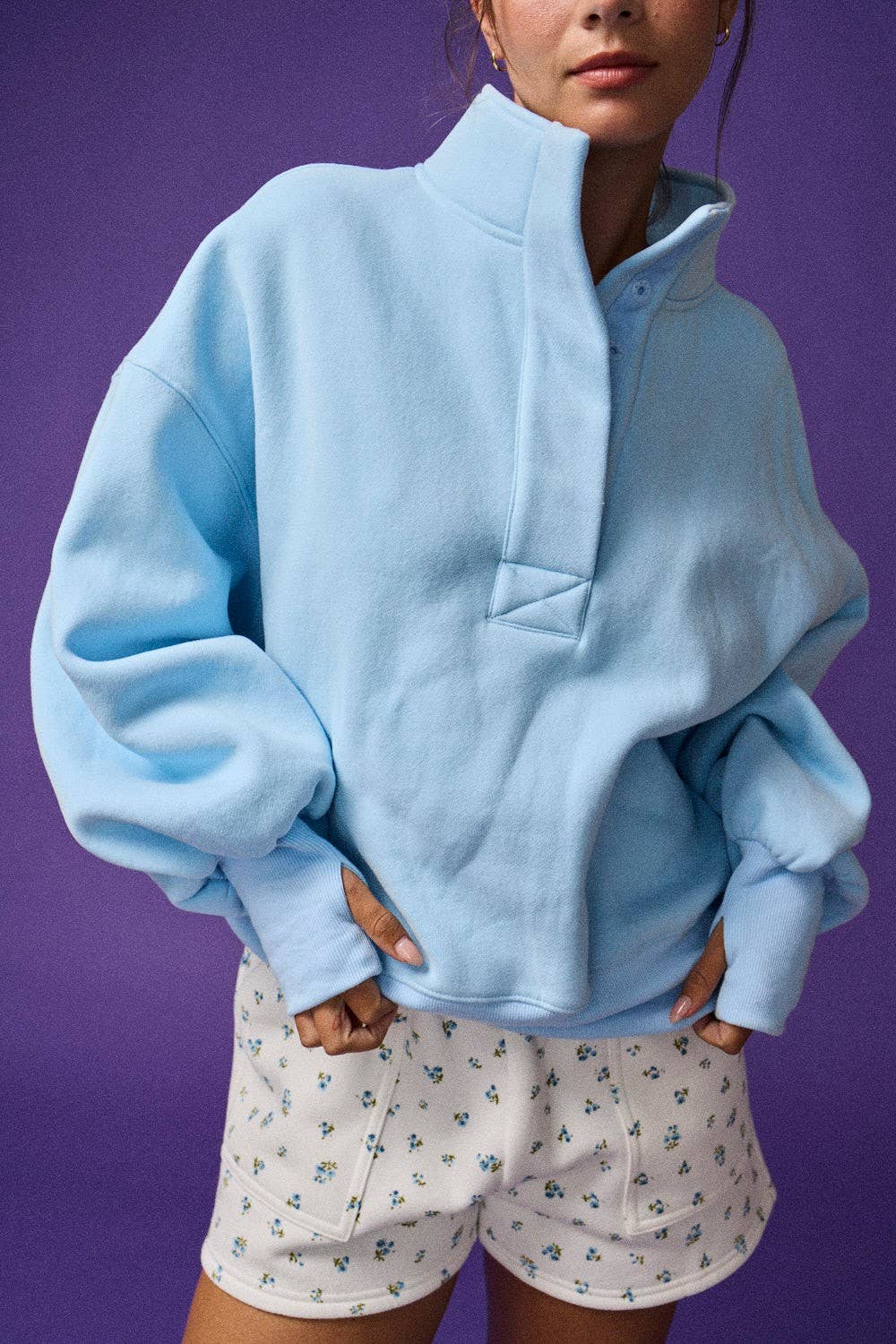 PT18729 - High Collar Half Button-Up Relaxed Fit Pullover