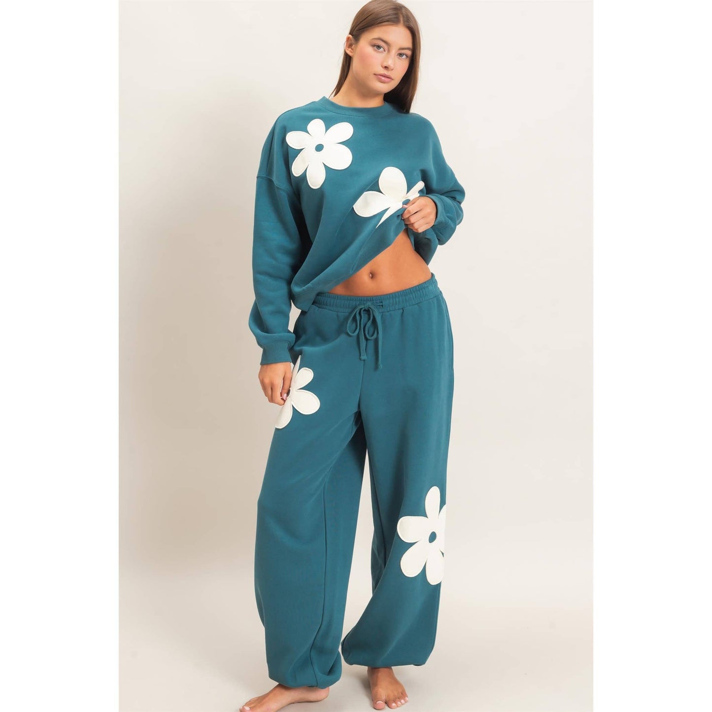 Floral Applique Drawstring Jogger Pants