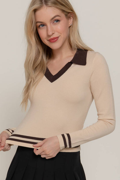 Long Sleeve Stripe Polo Sweater