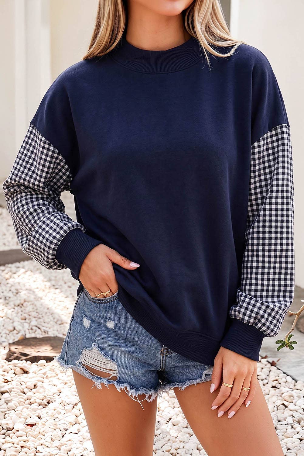F/W26 NEW Plaid Sleeve Colorblock Mock Neck Sweatshirt| S-4X
