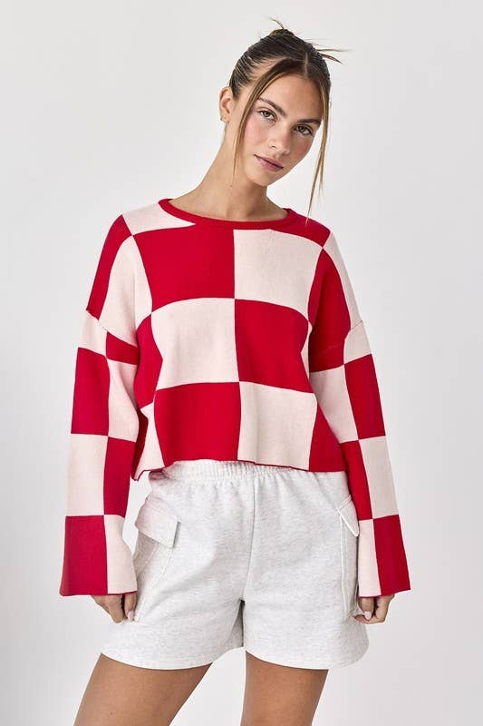 PT16257 - Sarah Round Neck Checkered LS Top