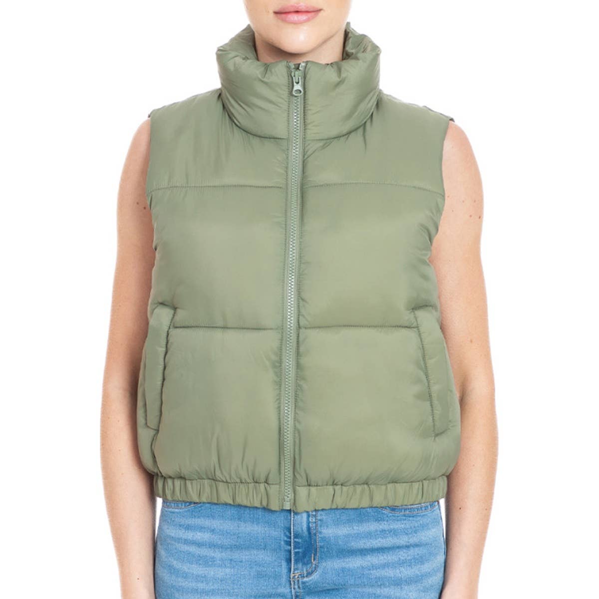 Nylon High Neck Faux Down Puffer Vest