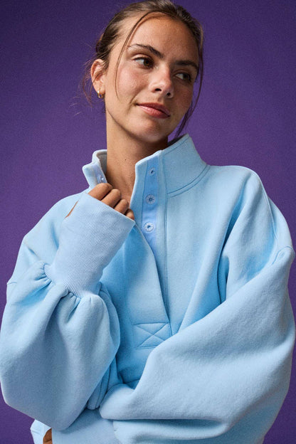 PT18729 - High Collar Half Button-Up Relaxed Fit Pullover