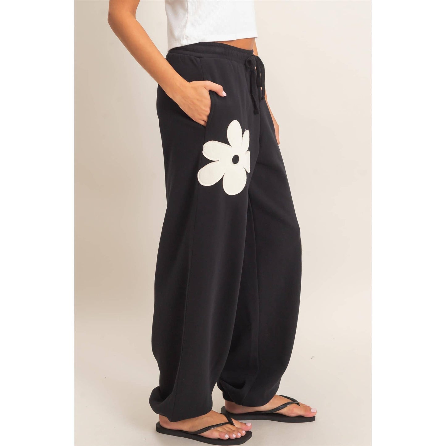 Floral Applique Drawstring Jogger Pants