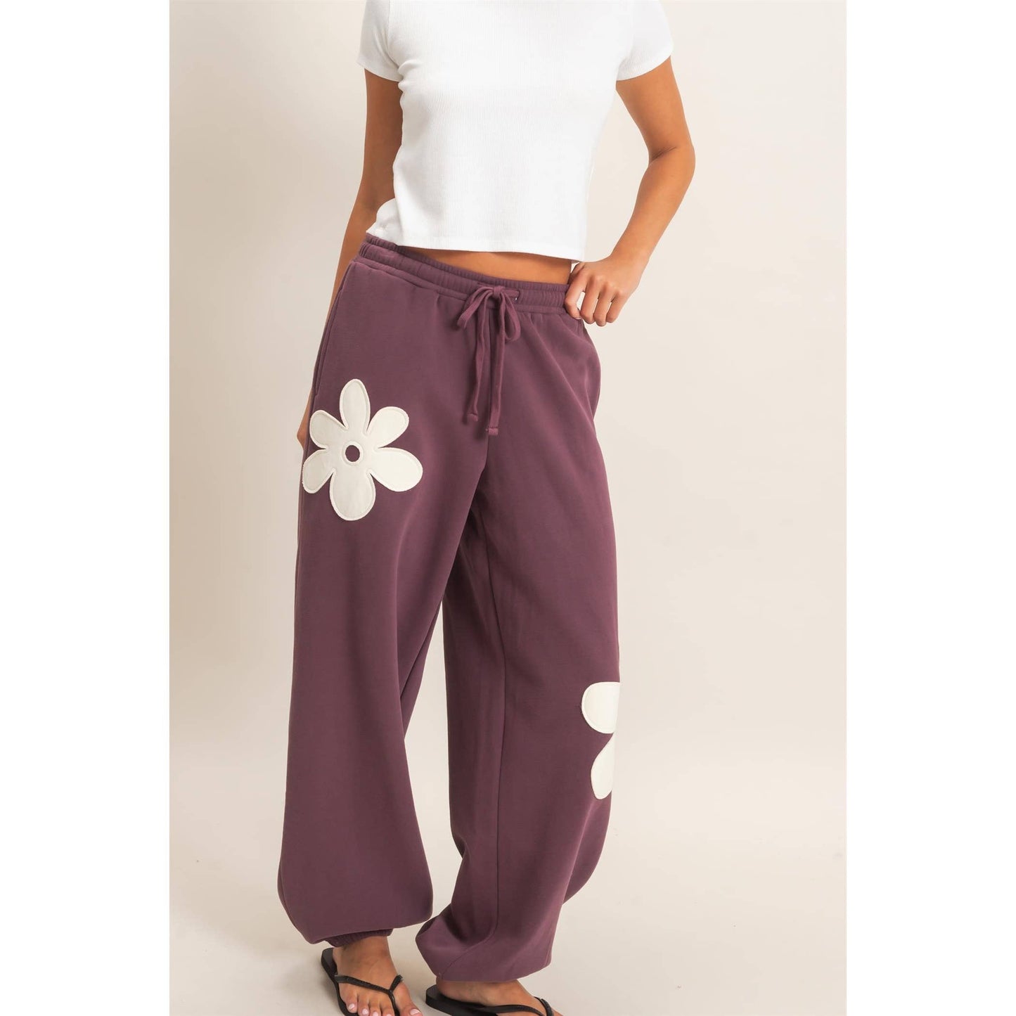 Floral Applique Drawstring Jogger Pants