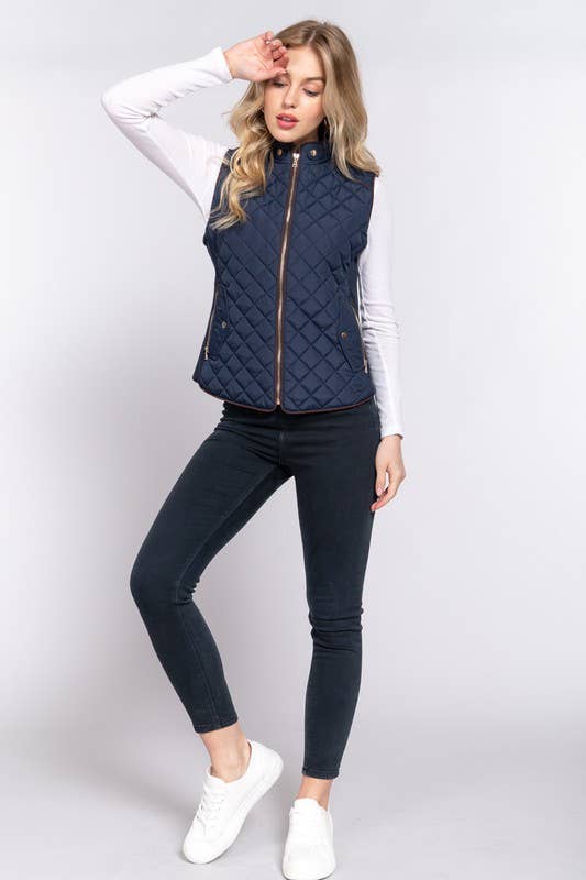 Suede Piping Detail Rib Quilted Padding Vest