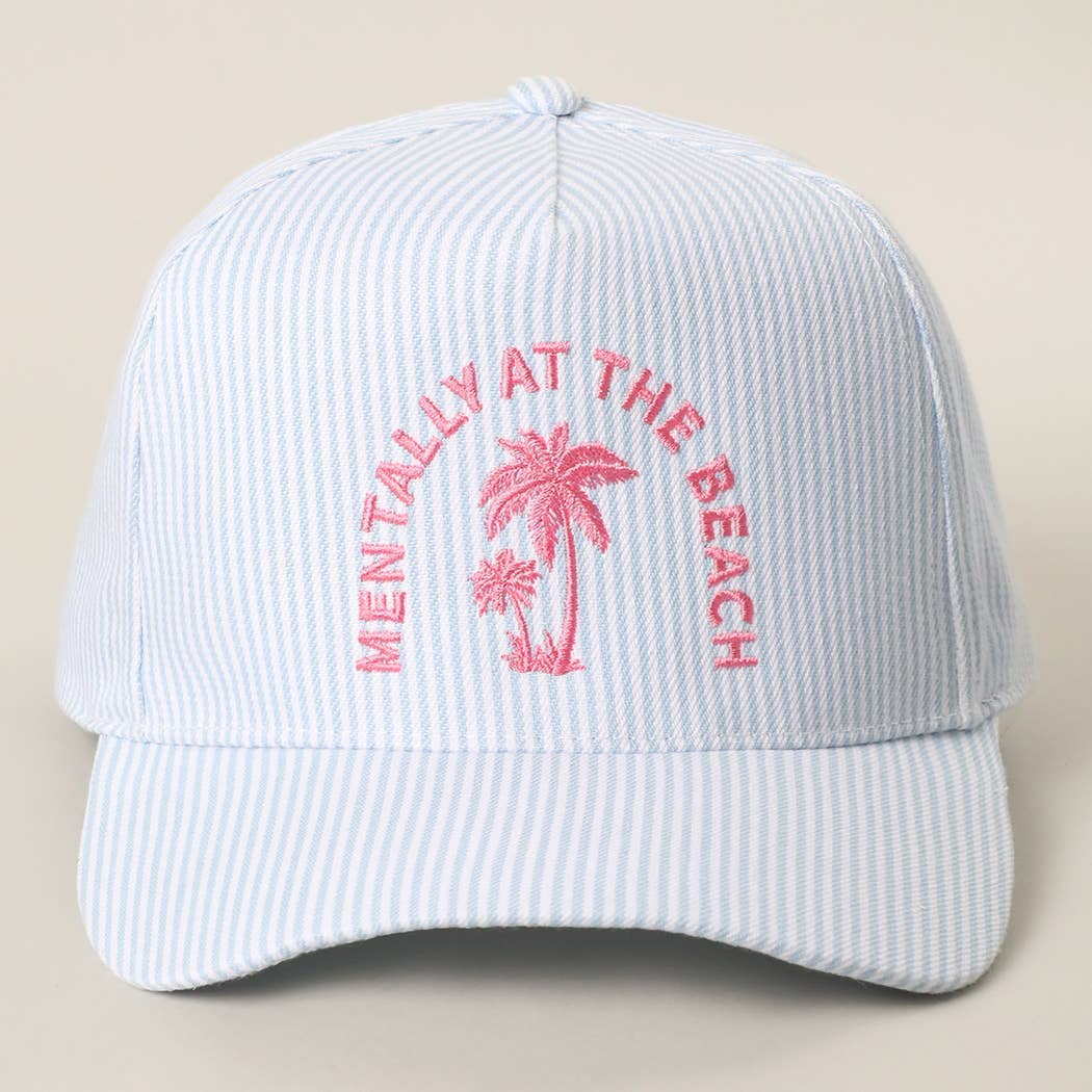 MENTALLY AT THE BEACH Embroidered Seersucker Trucker Hat